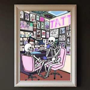 Skeletons in a tattoo parlour - funny A4 gothic home decor