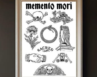 May include: A framed black and white print featuring the text memento mori and sacred, alongside illustrations of a skull and crossbones, praying hands, a flower, an ouroboros, a draped urn, a handshake, an hourglass with bones, and a winged skull.