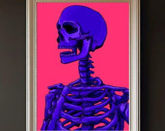 Hot Pink and Purple Skeleton Art Print – Pastel Goth Home Decor (10x8)