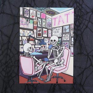 Skeletons in a tattoo parlour A5 art print - Traditional tattoo, Art Print, Drawing, Poster Print, Ideal Home Decor or Gift
