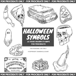 Może przedstawiać: Czarno-biała ilustracja symboli Halloween, w tym czaszki, tablicy Ouija, ducha i dyni. Tekst "Halloween Symbols" i "10 Hand Drawn Stamps For Procreate" są również zawarte.