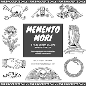 Puede incluir: Sellos digitales en blanco y negro con calavera y huesos cruzados, reloj de arena, manos rezando con pancarta, flor, estatua, apretón de manos, serpiente, calavera alada y la palabra "Sacred". También está presente el texto "MEMENTO MORI".