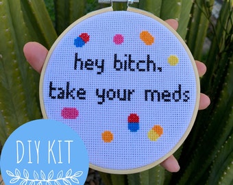 Take Your Meds Cross Stitch Kit, Beginner Cross Stitch Pattern, Funny Cross Stitch