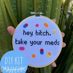 Take Your Meds Cross Stitch Kit, Beginner Cross Stitch Pattern, Funny Cross Stitch