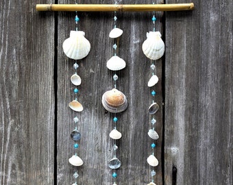 maritime decoration, wind chime, shells bamboo, turquoise, handmade, unique piece