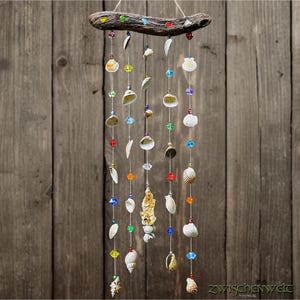 colorful boho wind chime, hanging decoration with shells, handmade, unique