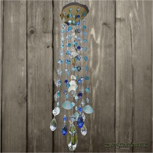 Nautical suncatcher with shells, sea blue, unique, handmade, window decoration, bathroom, balcony