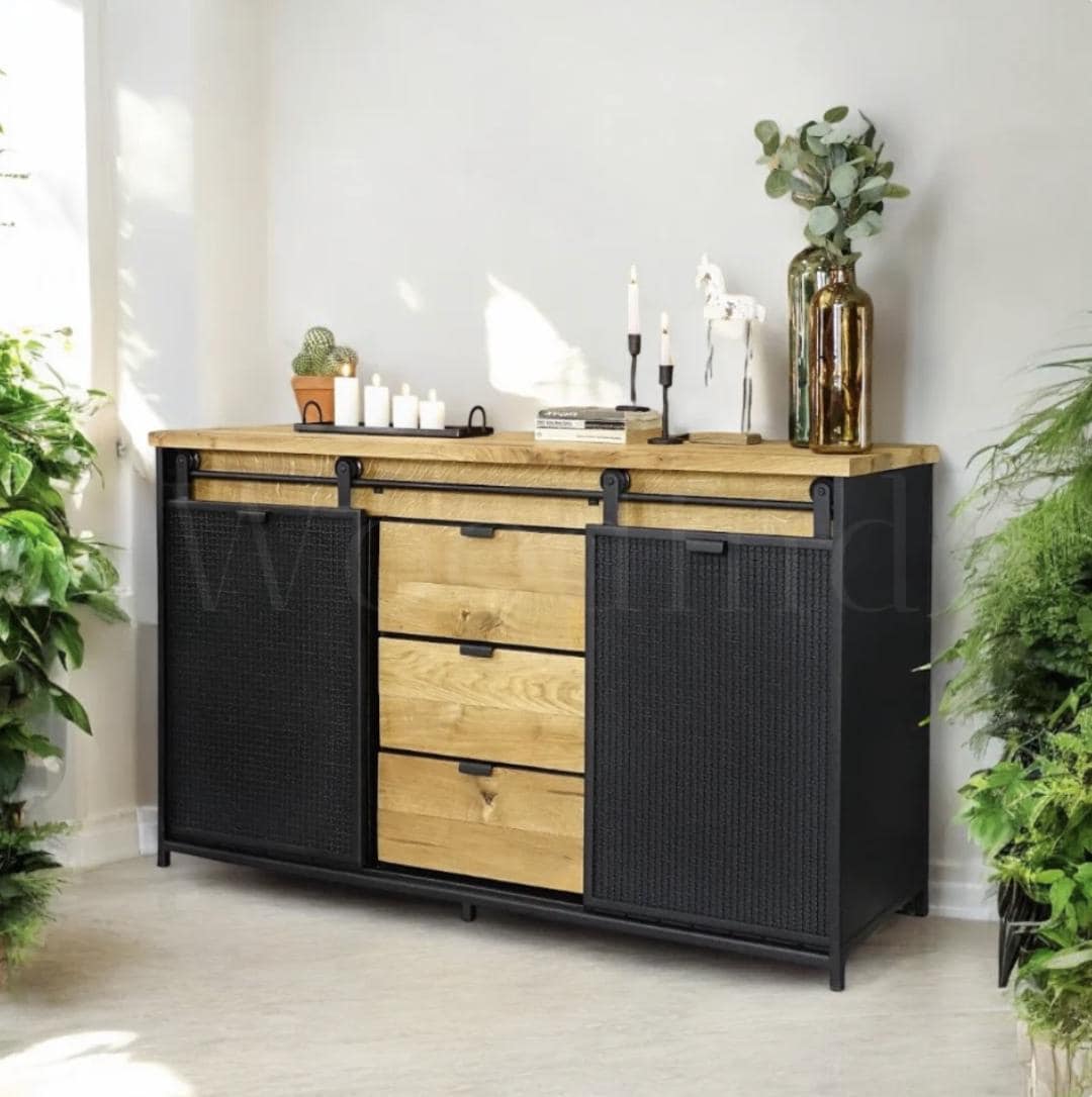 Buffet En Chêne Avec Porte Coulissante Fer Noir