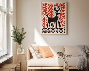 Cartel de ciervos de arte popular escandinavo: impresión digital de bosque rústico para una acogedora decoración del hogar
