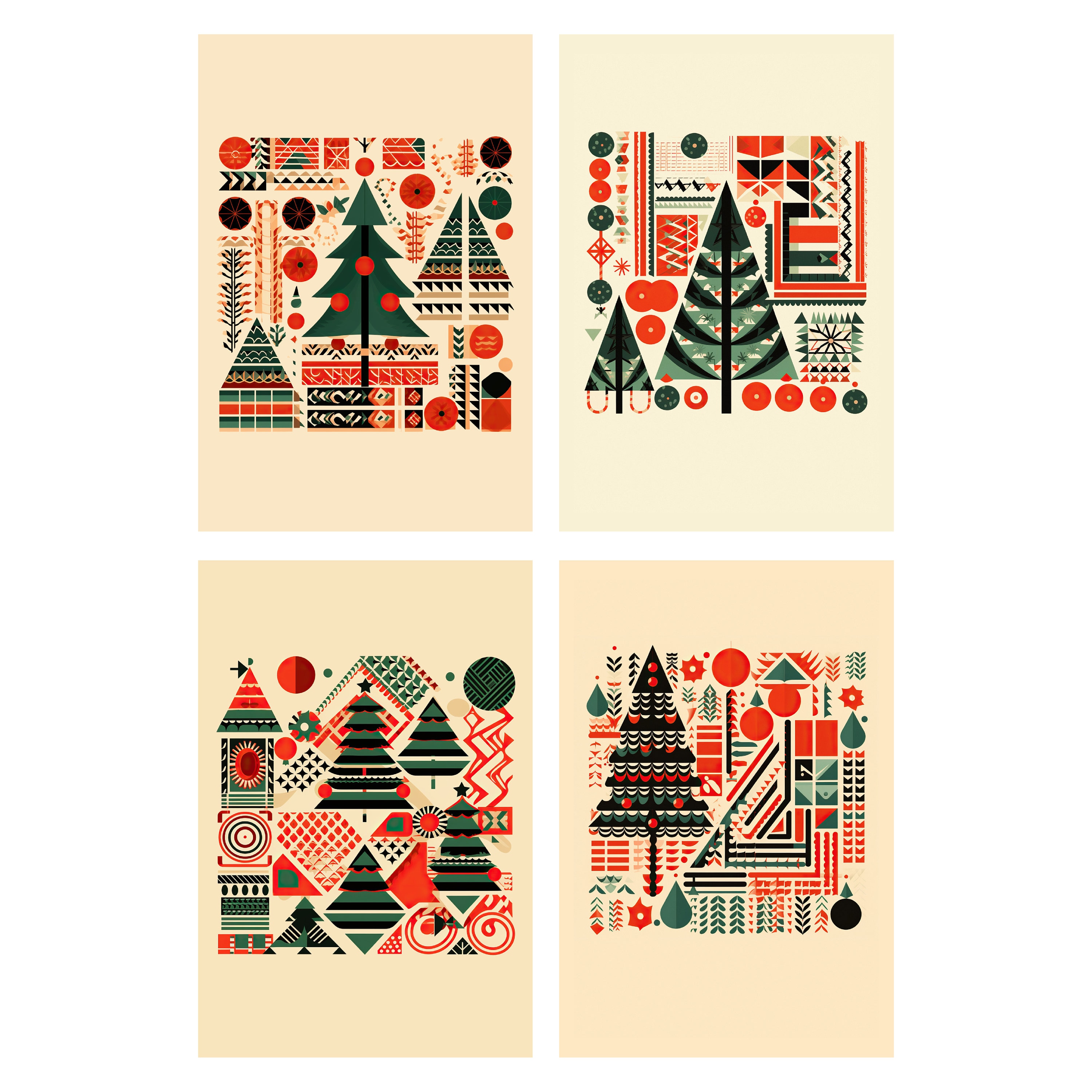 Juego de 4 postales navideñas retro - Tarjetas navideñas modernas de mediados de siglo con árboles geométricos y patrones festivos - Correo navideño de estilo vintage
