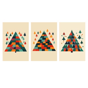 Árvores de Natal geométricas artísticas - Conjunto moderno de cartões postais de férias - Cartões postais festivos de férias - Download instantâneo para impressão
