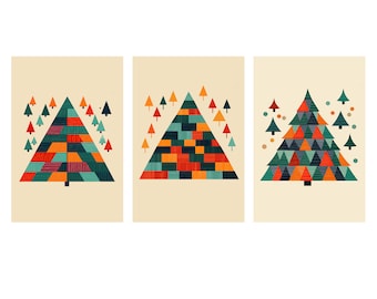Árboles de Navidad geométricos artísticos - Conjunto de postales navideñas modernas - Postales navideñas festivas - Descarga instantánea imprimible