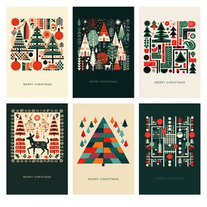 Conjunto de tarjetas de Navidad geométricas de inspiración vintage - Paquete de postales navideñas de descarga digital - Colección de saludos festivos retro