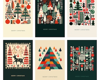 Conjunto de tarjetas de Navidad geométricas de inspiración vintage - Paquete de postales navideñas de descarga digital - Colección de saludos festivos retro