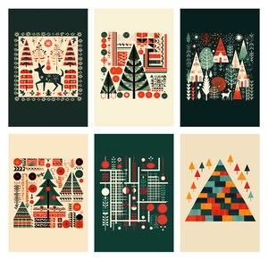 Set di cartoline di Natale di ispirazione retrò - Biglietti di auguri moderni di metà secolo - Download digitale stampabile - Biglietti di Natale geometrici
