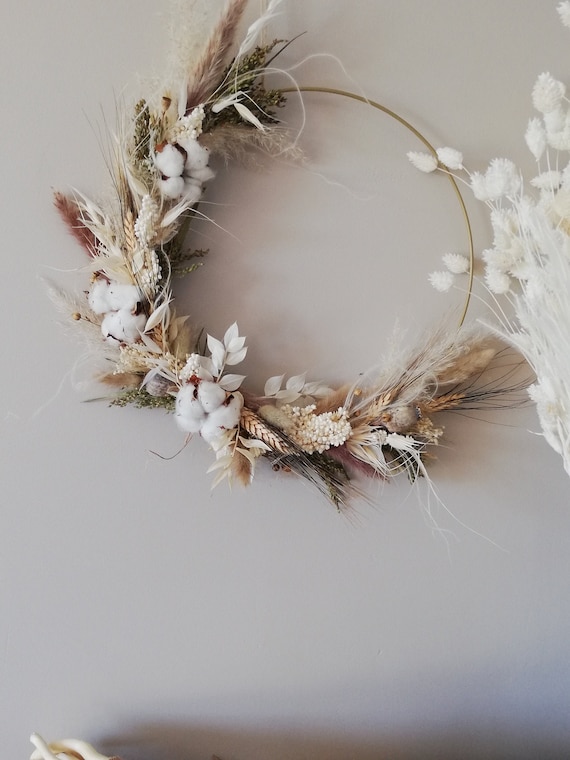 Couronne de fleurs séchées-blanc & naturel-Fleur de Coton - Etsy France