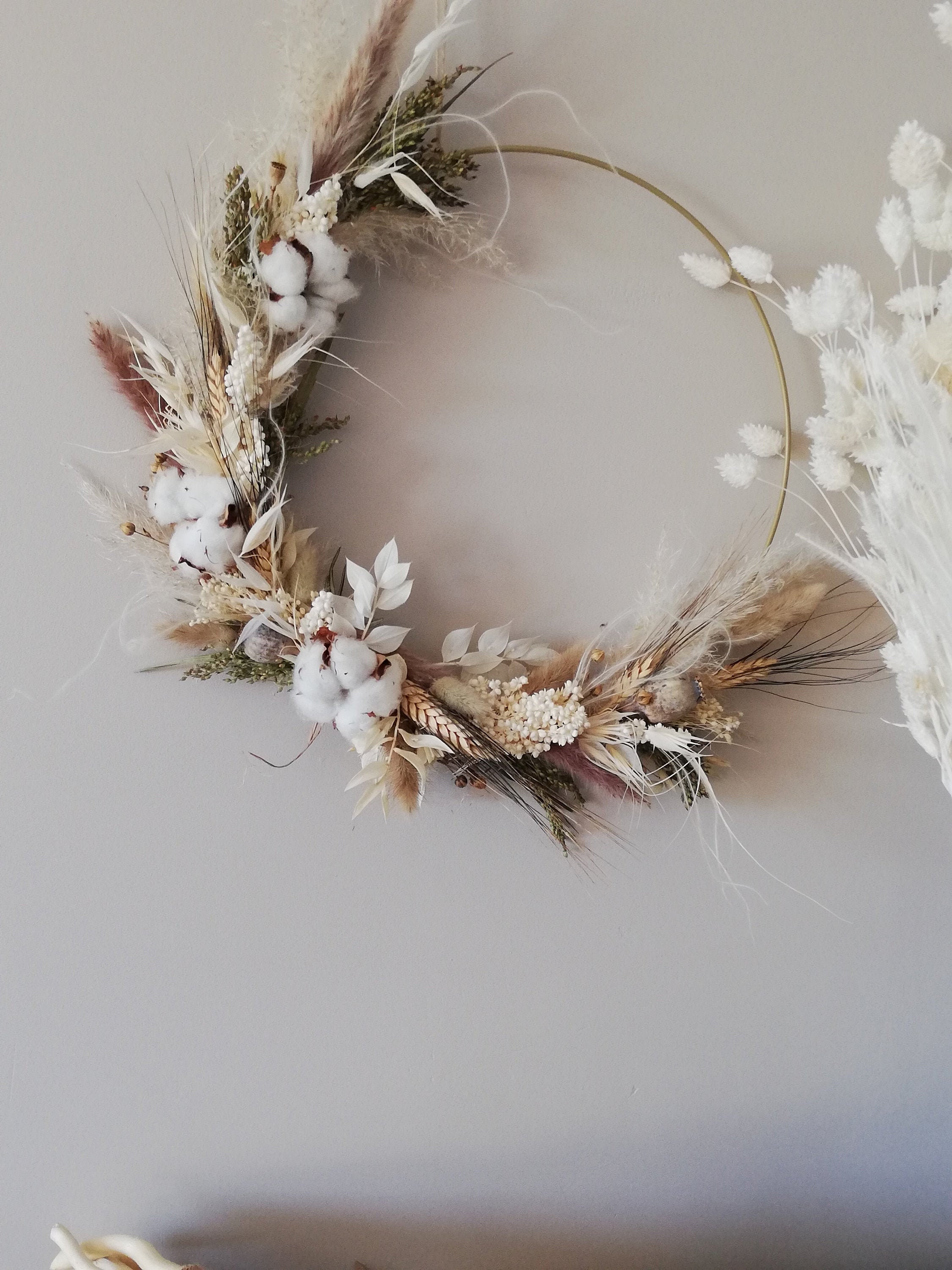 Couronne de Fleurs Séchées-Blanc & Naturel-Fleur Coton