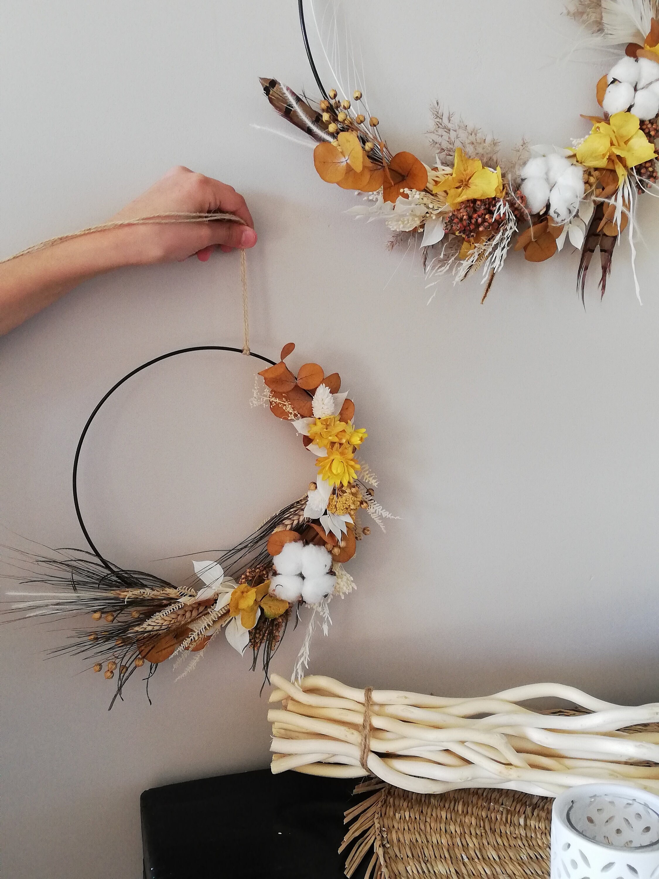 Couronne de Fleurs Séchées Naturelles - Ocre Jaune-Moutarde