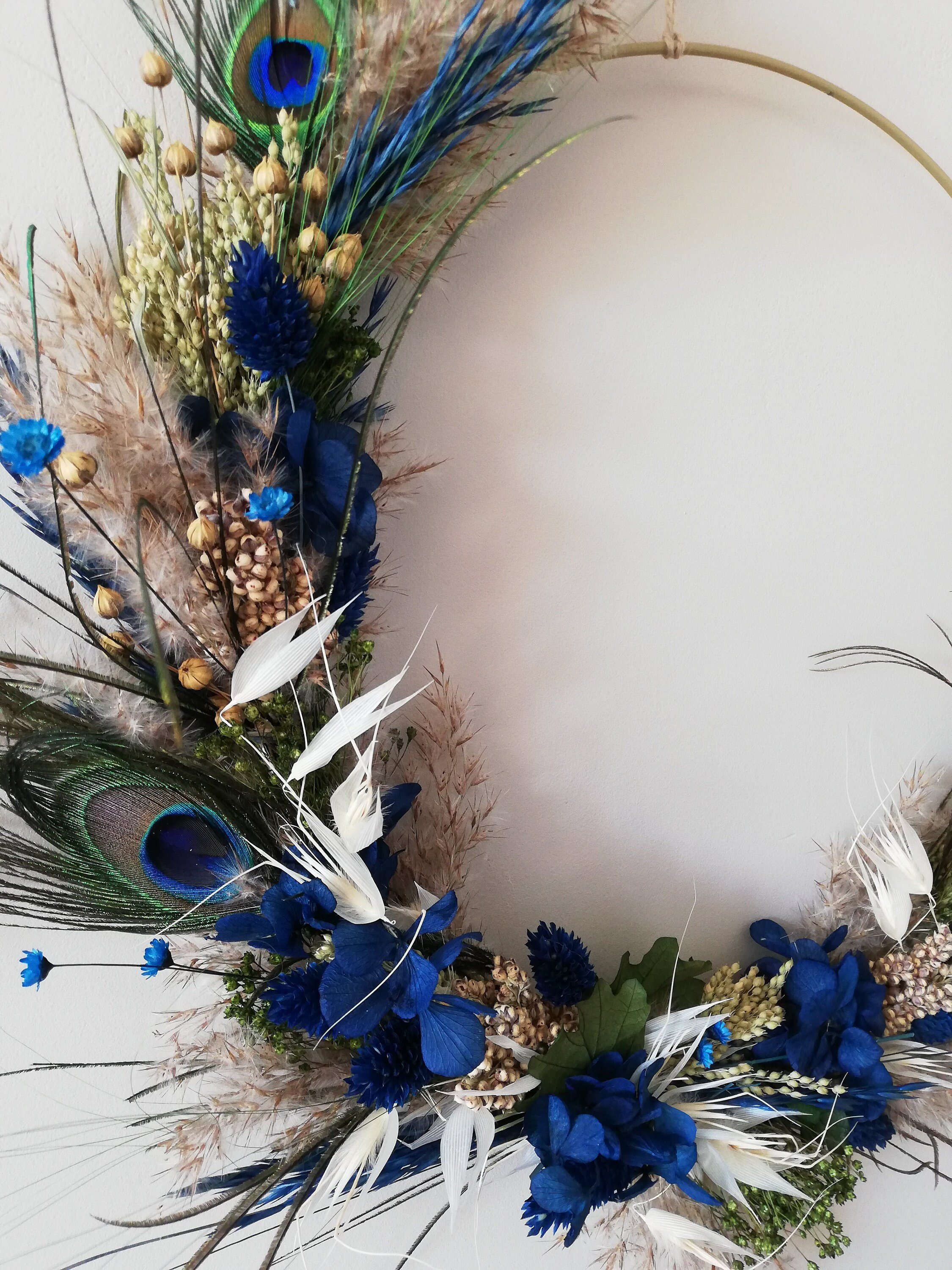 Paon-Couronne Fleurs Séchées Verte et Bleue - Made in Touraine