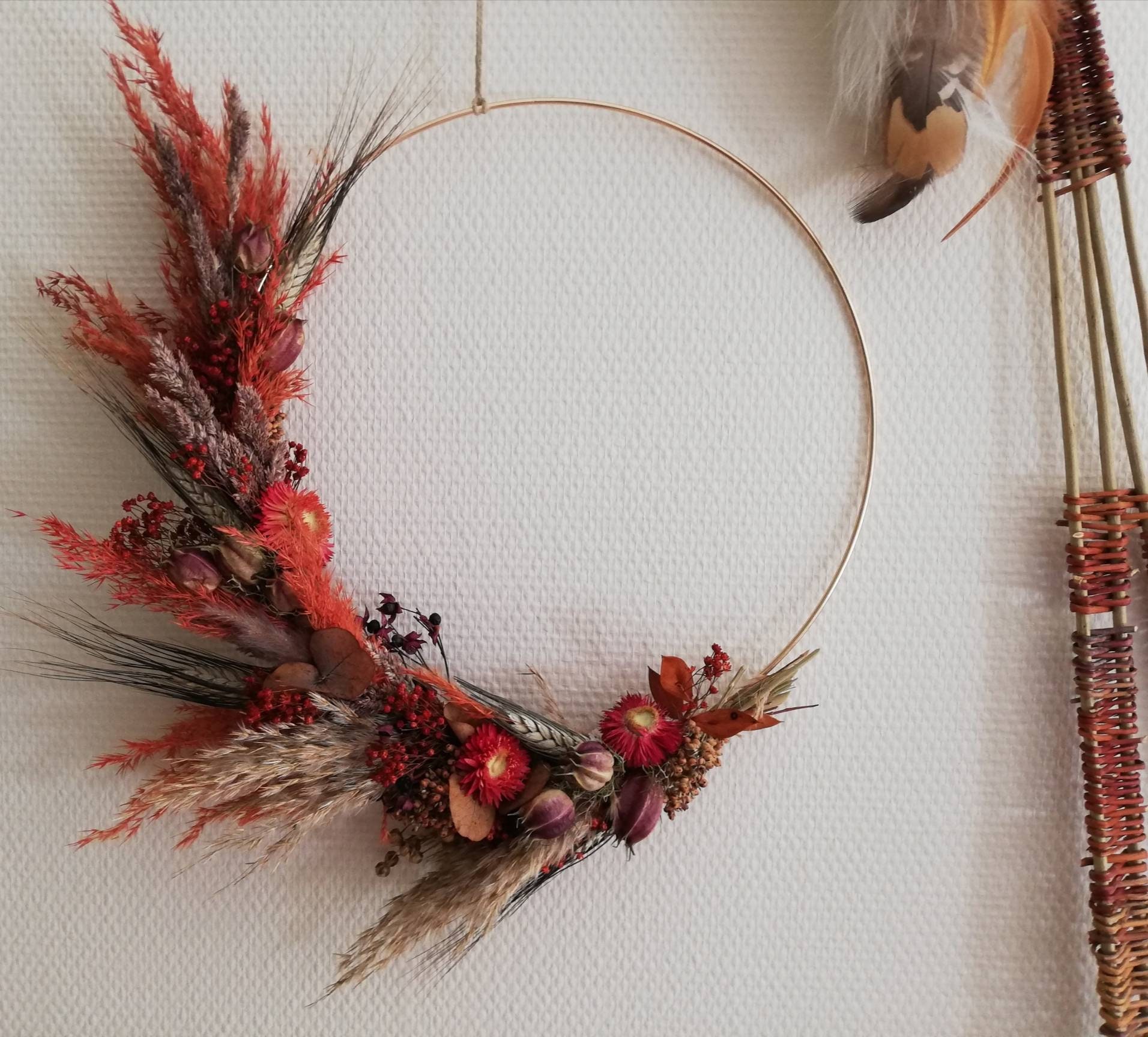 Couronne de Fleurs Séchées Naturelles - Automne - Camel - Rouille-Prune-