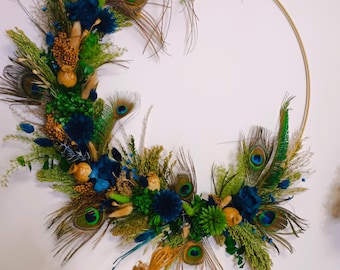 Couronne de fleurs séchées naturelle - plumes de Paon- vert bleu