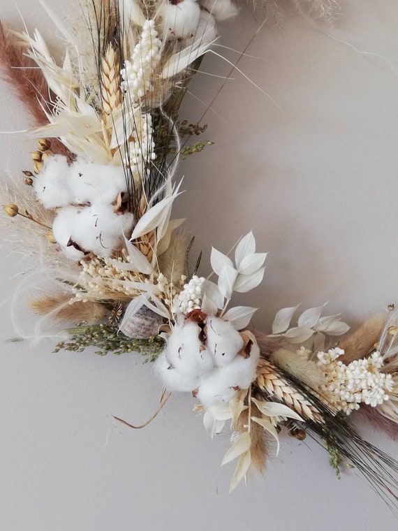 Couronne de fleurs séchées-blanc & naturel-Fleur de Coton - Etsy France