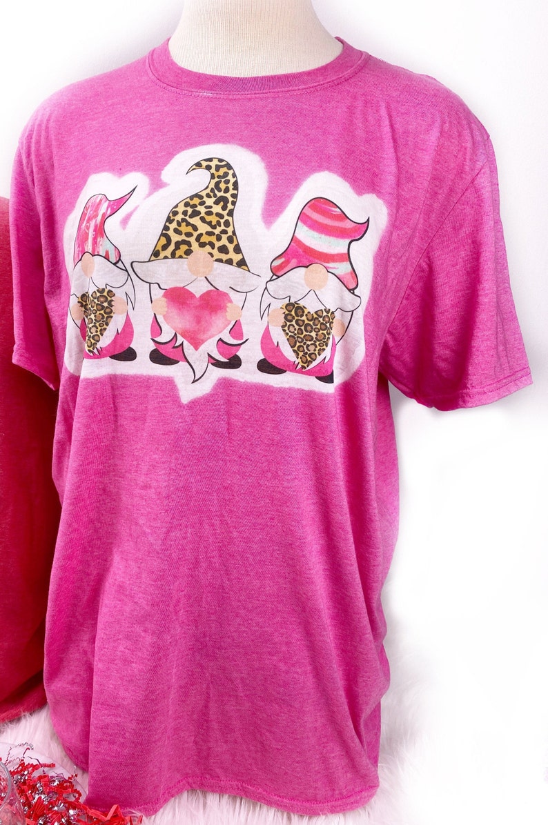 Pink Graphic Tee Digitally Printed Leopard Print Trendy Tshirt Love Triple Gnomes Garden Lovers Valentine Gift for Her Romantic Gift