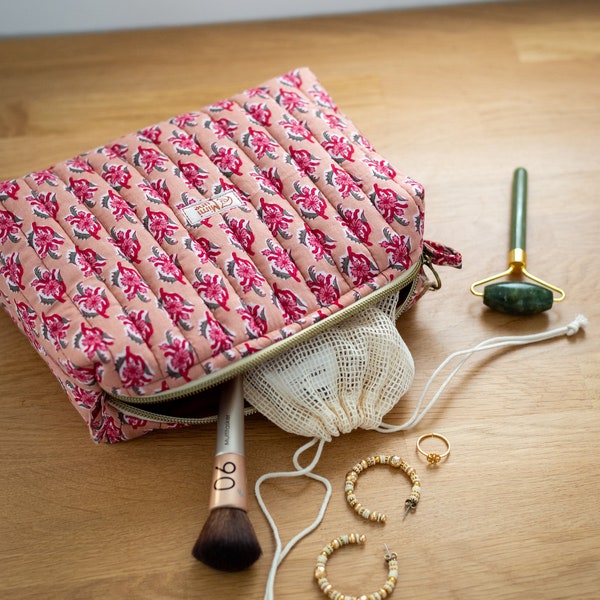 Grande trousse de toilette matelassée tissu indien artisanal / Pochette de voyage