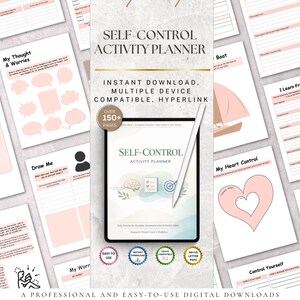 May include: A digital self-control activity planner with a white stylus, displayed on a tablet. The planner includes pages with prompts and exercises. Text on the tablet reads "Self-Control Activity Planner". The planner is designed for instant download and is device compatible.