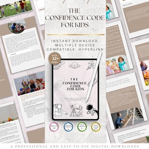 Op de afbeelding: Digitale download getiteld "The Confidence Code for Kids" met illustraties met ruimtethema. De afbeelding toont een tablet met een stylus, omringd door pagina's met tekst en foto's van kinderen. De tekst bevat "Direct downloaden" en "Meer dan 12+ pagina's."