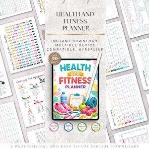 May include: A digital health and fitness planner with a colorful design. The planner includes a tablet with the words "Health and Fitness Planner" and illustrations of workout equipment. Surrounding the tablet are various fitness-related charts and schedules.