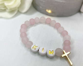 Rosary bracelet Rose Quartz Bracelet with gold cross Personalized Infant Bracelet Communion gift Pink Quartz Matt Gemstone Beads