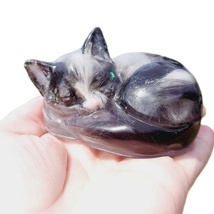 Custom Resin FUR Kitty Sleeping Cat Memorial Statue - Pet Loss Keepsake Gift - Add Opal or Foils and Dye Colors and Name -