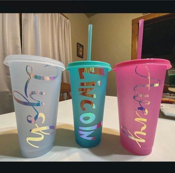 Color Changing Tumblers 24oz Blue White Yellow Pink Tumbler Plastic Tumbler  Holographic Name Decal Tumbler Cute Tumbler Multi Color 