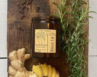 Stem Ginger, Rosemary & Clove // 100% Natural Soy Wax Essential Oil Scented Candle // Hand-poured in Amber Glass Jar with Lid // Vegan
