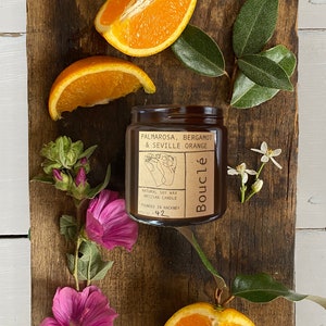 Palmarosa, Bergamot & Seville Orange // 100% Natural Soy Wax Essential Oil Scented Candle // Handpoured in Amber Jar with Lid // Vegan