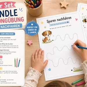 May include: A child's hand tracing a dotted line on a worksheet with a puppy illustration. The worksheet is part of a bundle with the text "10er Set BUNDLE SCHWUNGÜBUNG SPUREN NACHFAHREN". The image includes colored pencils and instructions.