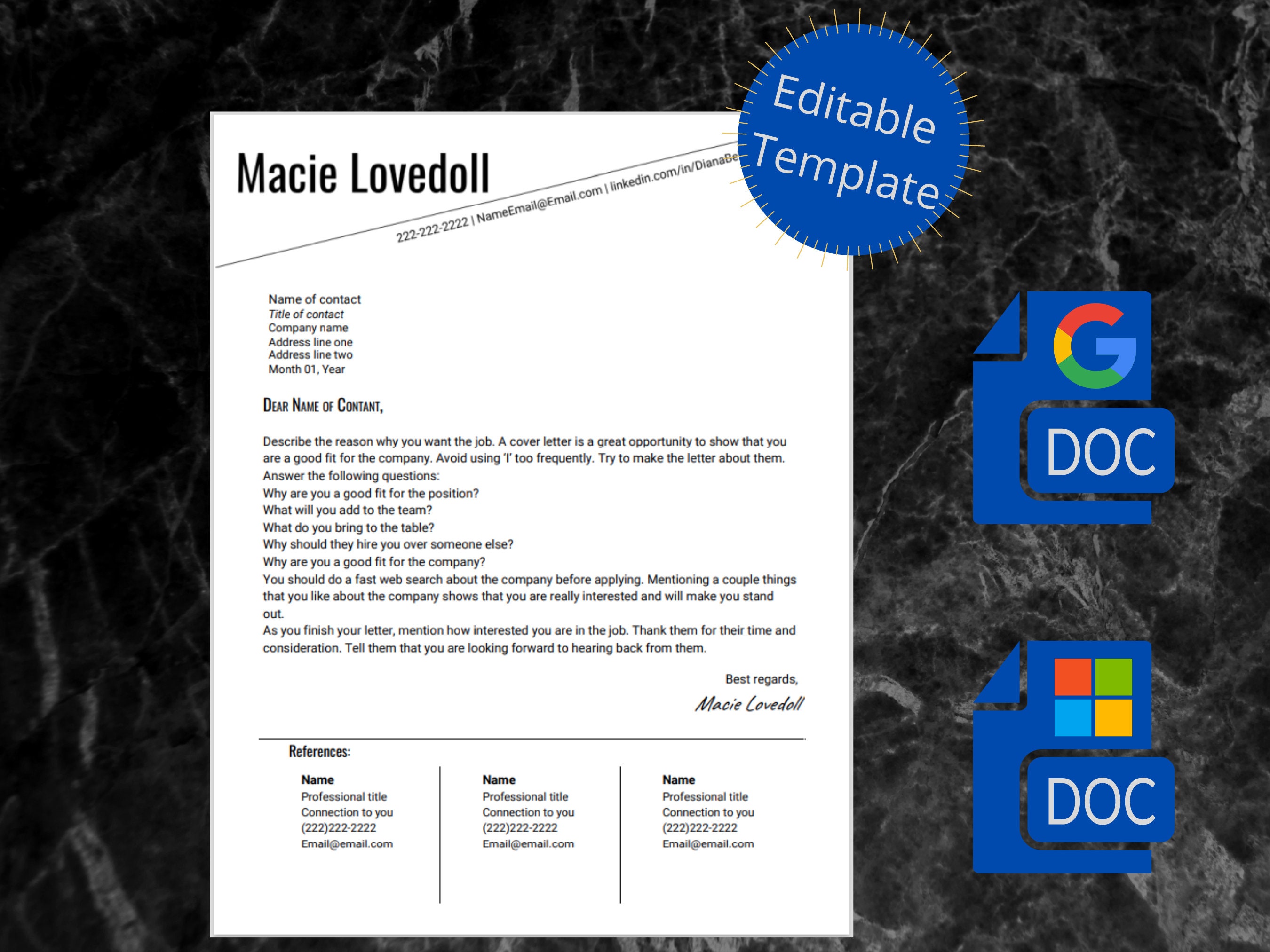 Minimalist Resume Template for Google Doc and Word Cover Letter Modern ...