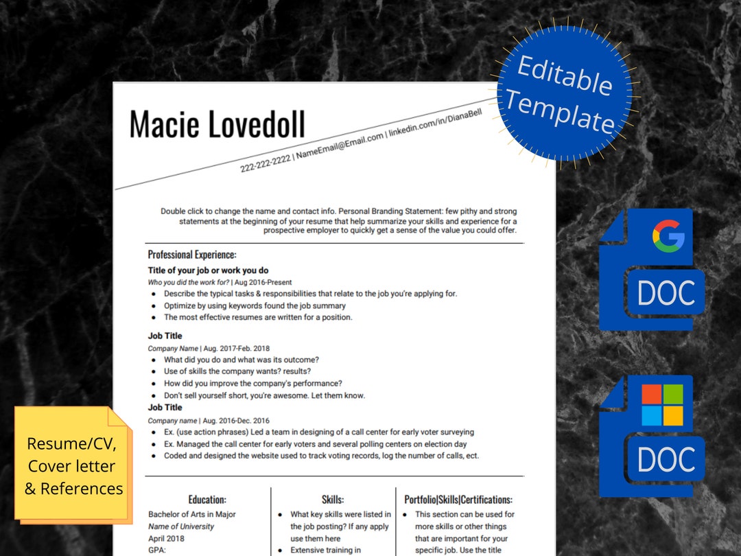 Minimalist Resume Template for Google Doc and Word | Cover Letter ...