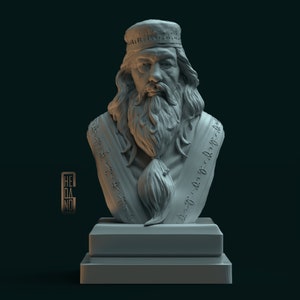 May include: A gray bust sculpture of a man with a long beard and a hat. The bust is on a gray pedestal. The sculpture is detailed with intricate carvings.