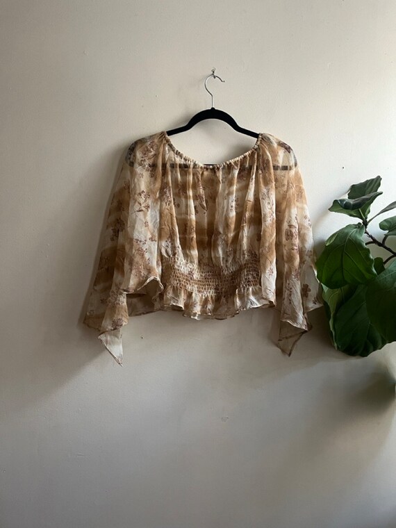 Vintage Y2K Taupe Sheer Floral Top Rave Large