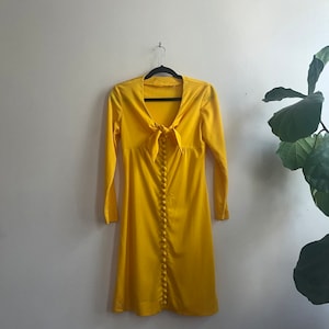 Vintage 1970s Yellow Bow Tie Dress Medium