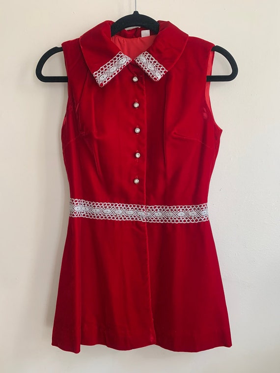 Vintage 1960s Red Velvet Tunic with Gemstone Butt… - image 1