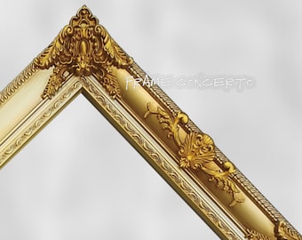 May include: A gold and white ornate picture frame with a decorative design. The frame has a raised, textured edge and a gold-colored inner lip.