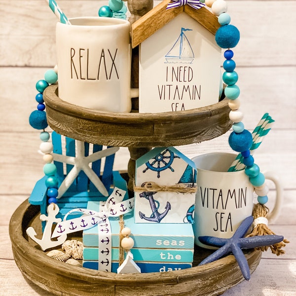 Beach Decor Bundle, Set of 4, Nautical Tiered Tray, Anchor Garland, Sailboat Wood Books,Beach House Set, Coastal, Summer Decor