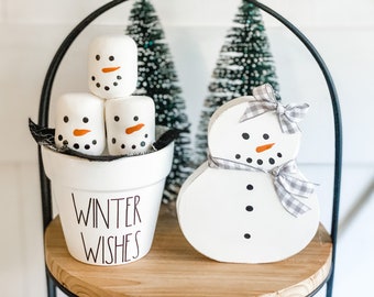 Mini Ceramic pot, Ceramic pot , Winter Wishes Ceramic pot,Farmhouse Winter Decor, Winter Tiered Tray Decor, Faux Marshmallow Snowman