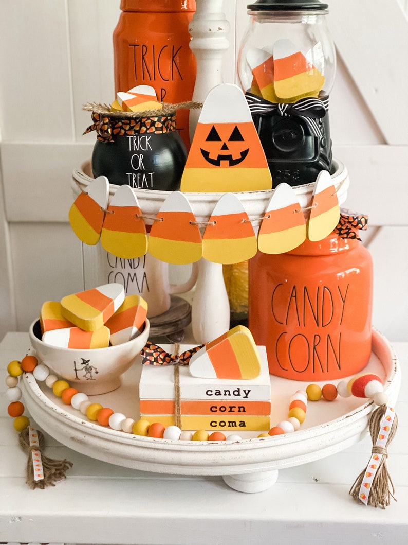 Tiered Tray Banner, Candy Corn Tiered Tray Banner, Halloween Tiered Tray Decor, Hand Painted ,Farmhouse Fall Decor, Rae Dunn Inspired, image 1