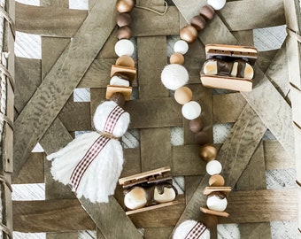 S'mores Beaded Garland, S'mores Farmhouse,Campfire, Handmade S'mores, Tiered Tray Decor, Wood and Felt Beads, Summer Decor, S'mores Theme