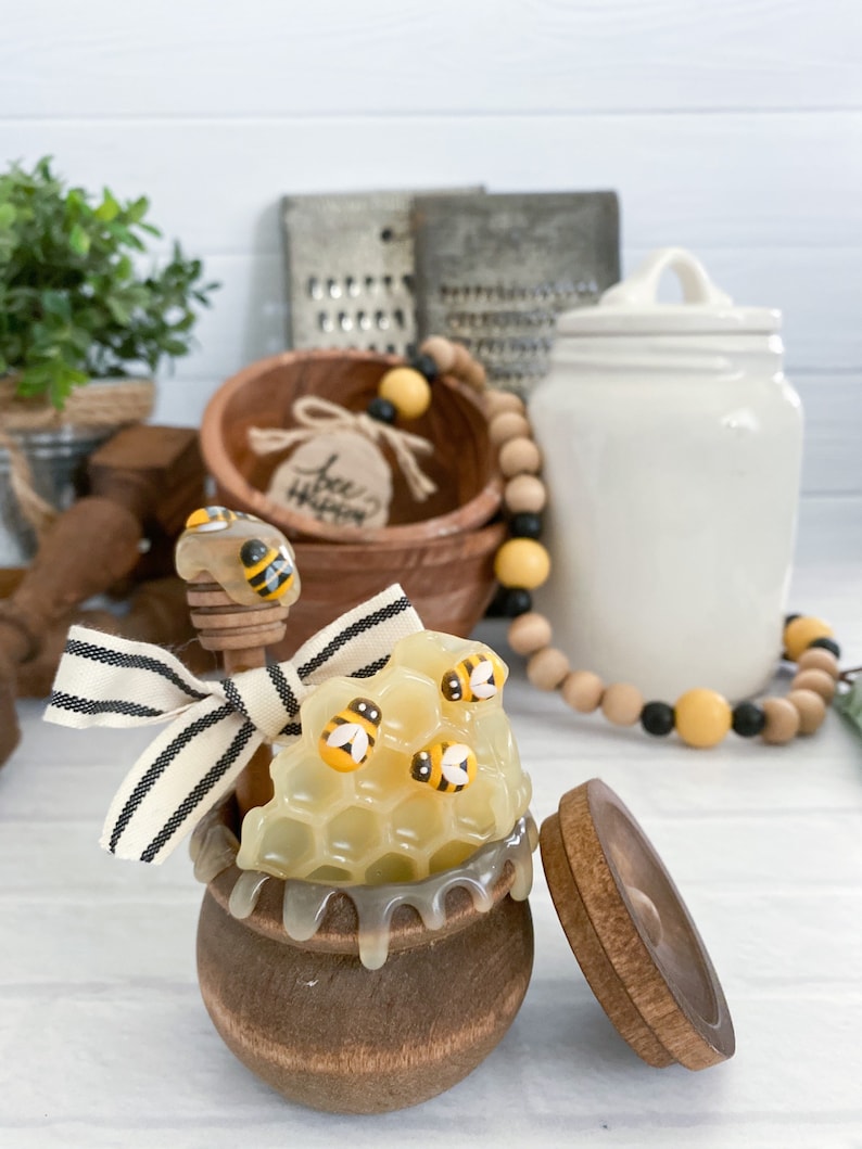 Faux/ Fake Honey Pot withs Bees and Dipper, Tiered Tray Decor, Summer Decor, Bee Decor, Farmhouse Decor image 9