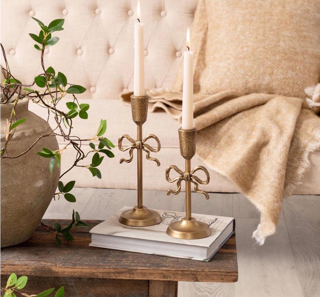 Gold Bow Taper Candle Holders Set of 2 | Vintage Inspired Brass ...